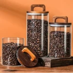 Clear Coffee Bean Glass Jars Sealed Canister Food Container with Wood Lid Kitchen Moisture-proof Storage Bottles Tea Candy Jar