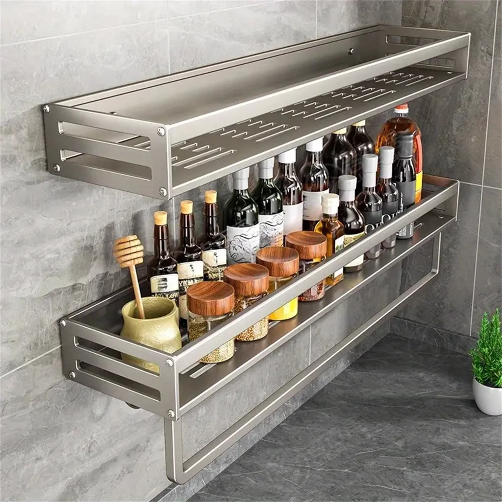 kf-S9668e4e2c71f4d38b2b736db4105a0e6q Aluminum Wall-Mounted Spice Rack Multifunctional Item Storage Shelf Kitchen Tools Storage Hooks Space Management Solution - Image 1