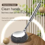 Stainless Steel Wire Ball Brush Hanging Long Handle Bowl Pot Sink Brush Oil Remover Scrubber for Household Kitchen Cleaning Tool